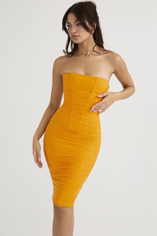 Vestido A Media Pierna House Of Cb Strapless Ruched Naranjas | STU-319702