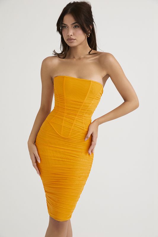 Vestido A Media Pierna House Of Cb Strapless Ruched Naranjas | STU-319702