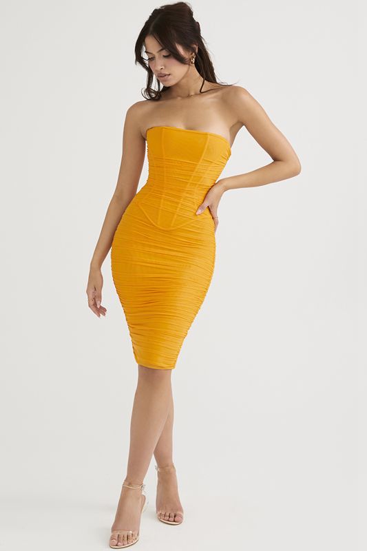 Vestido A Media Pierna House Of Cb Strapless Ruched Naranjas | STU-319702