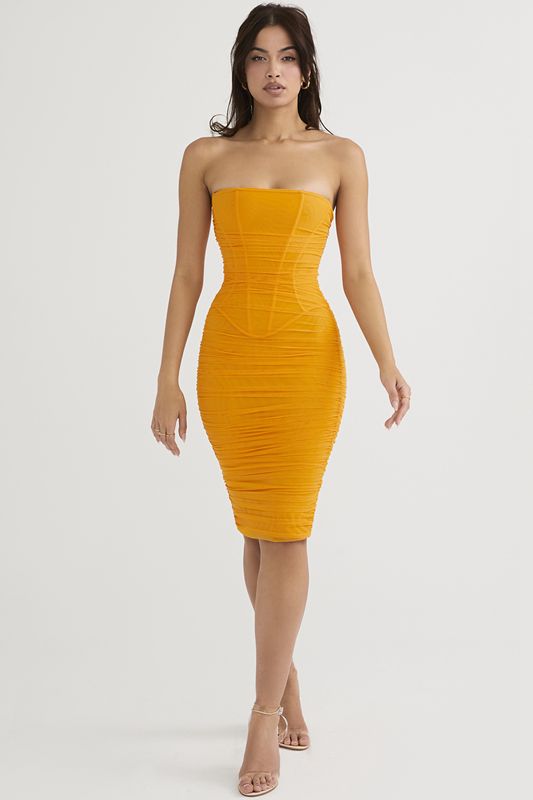 Vestido A Media Pierna House Of Cb Strapless Ruched Naranjas | STU-319702