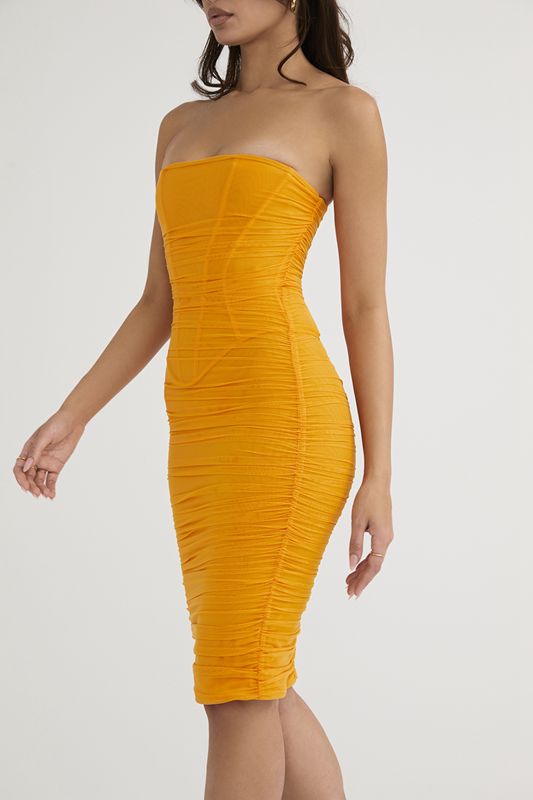 Vestido A Media Pierna House Of Cb Strapless Ruched Naranjas | STU-319702