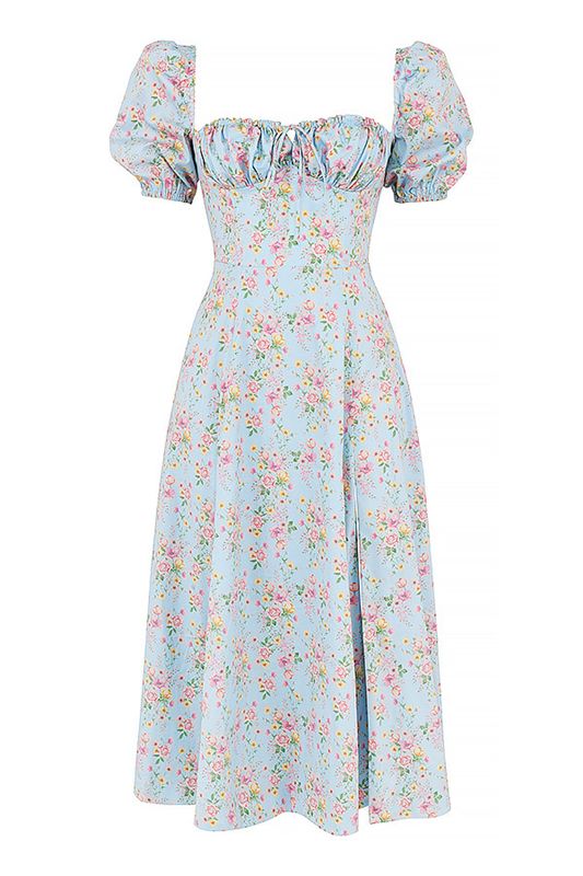 Vestido A Media Pierna House Of Cb Vintage Floral Puff Sleeve Azules | VJY-357102