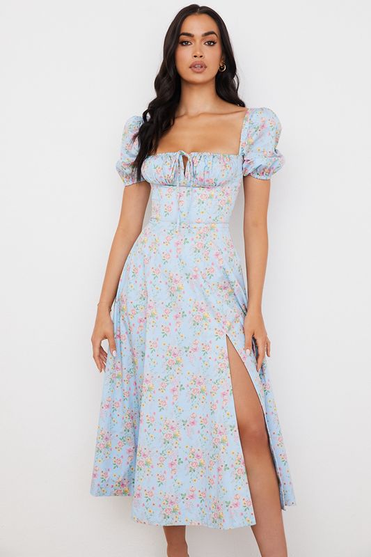 Vestido A Media Pierna House Of Cb Vintage Floral Puff Sleeve Azules | VJY-357102