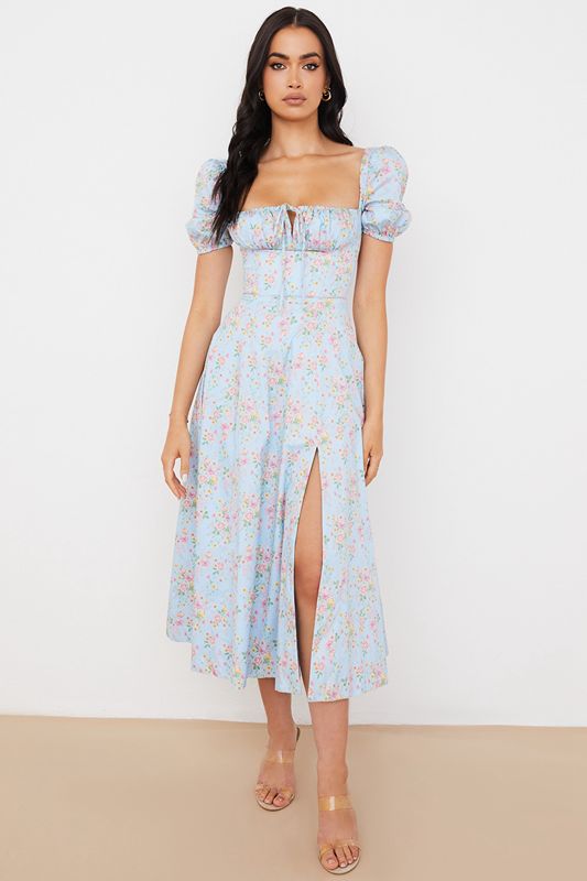 Vestido A Media Pierna House Of Cb Vintage Floral Puff Sleeve Azules | VJY-357102