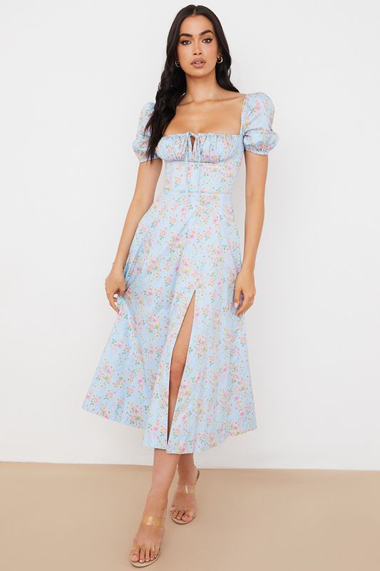 Vestido A Media Pierna House Of Cb Vintage Floral Puff Sleeve Azules | VJY-357102