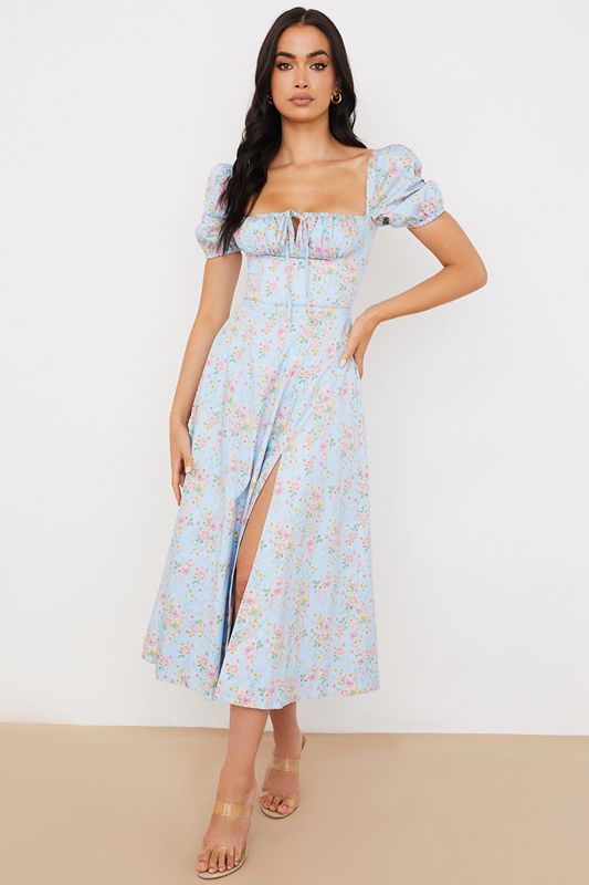 Vestido A Media Pierna House Of Cb Vintage Floral Puff Sleeve Azules | VJY-357102