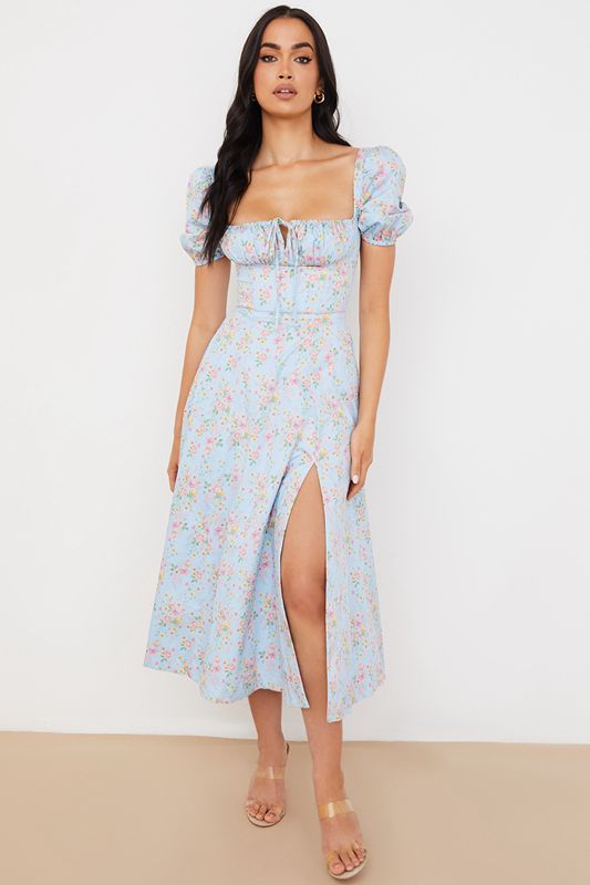 Vestido A Media Pierna House Of Cb Vintage Floral Puff Sleeve Azules | VJY-357102