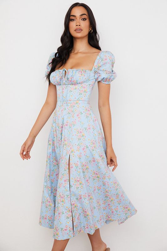 Vestido A Media Pierna House Of Cb Vintage Floral Puff Sleeve Azules | VJY-357102