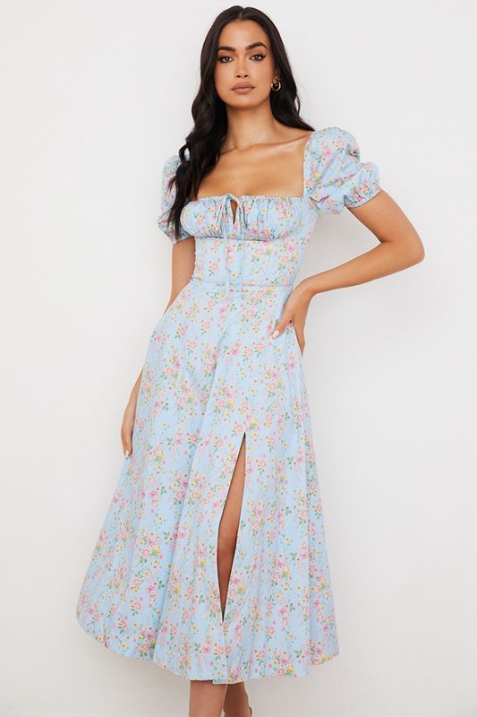 Vestido A Media Pierna House Of Cb Vintage Floral Puff Sleeve Azules | VJY-357102