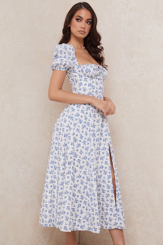 Vestido A Media Pierna House Of Cb White Floral Azules | TOM-692083