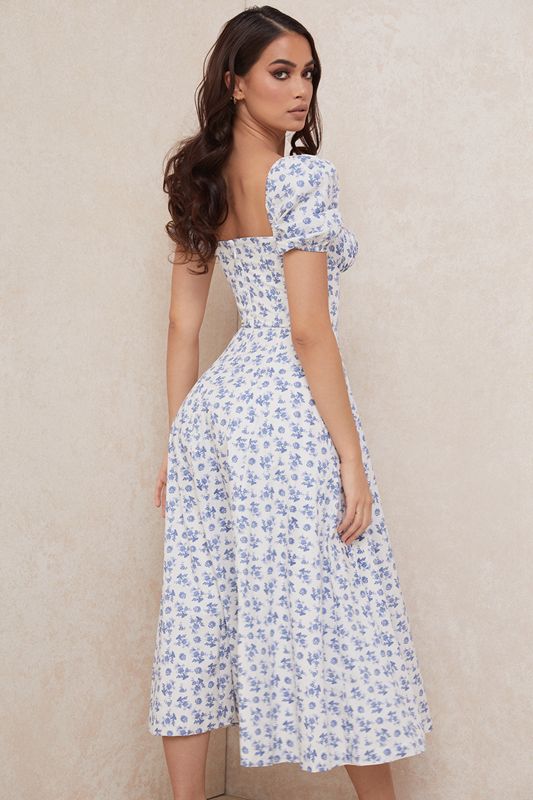 Vestido A Media Pierna House Of Cb White Floral Azules | TOM-692083