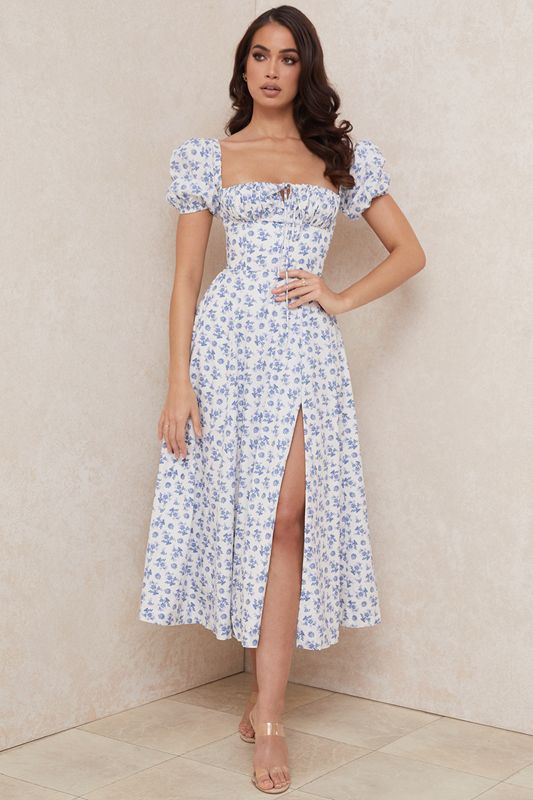 Vestido A Media Pierna House Of Cb White Floral Azules | TOM-692083