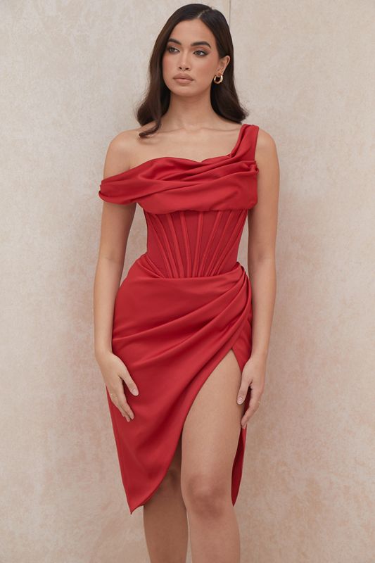 Vestido House Of Cb Asymmetric Drape Midi Rojas | TBY-068173