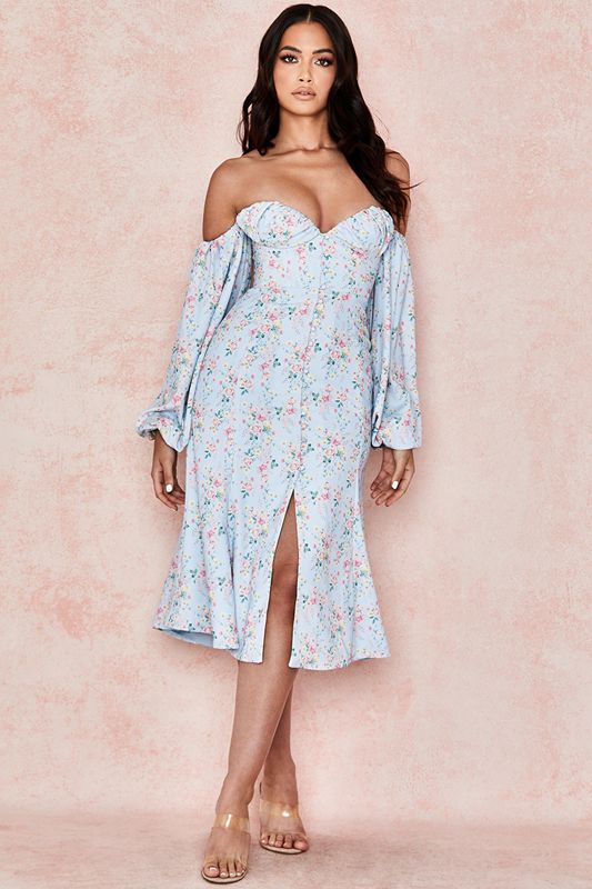 Vestido House Of Cb Floral Bardot Midi Azules | RZF-965840