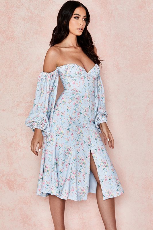 Vestido House Of Cb Floral Bardot Midi Azules | RZF-965840