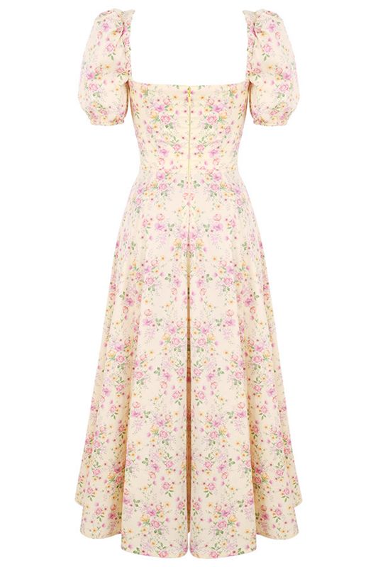 Vestido House Of Cb Floral Puff Sleeve Midi Limón | LFQ-319465