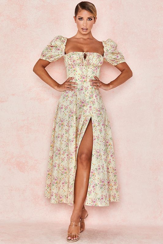 Vestido House Of Cb Floral Puff Sleeve Midi Limón | LFQ-319465