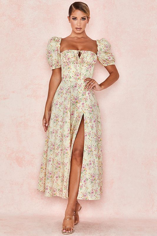 Vestido House Of Cb Floral Puff Sleeve Midi Limón | LFQ-319465