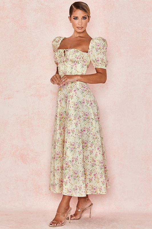 Vestido House Of Cb Floral Puff Sleeve Midi Limón | LFQ-319465