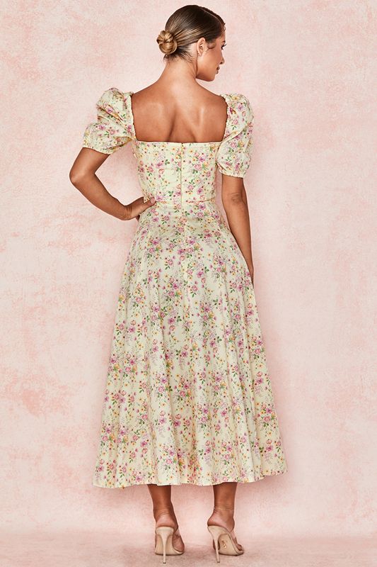 Vestido House Of Cb Floral Puff Sleeve Midi Limón | LFQ-319465