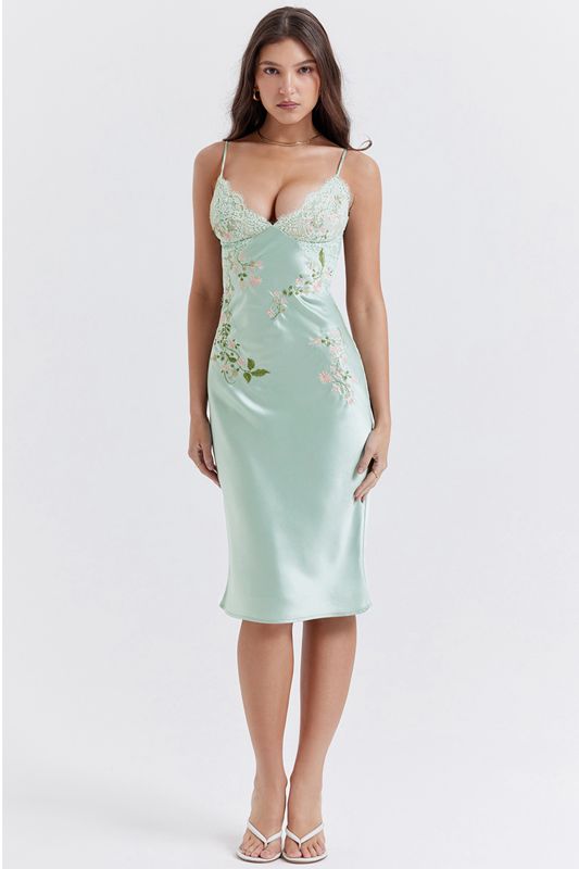 Vestido House Of Cb Jade Embroidered Slip Verde | TEP-769452