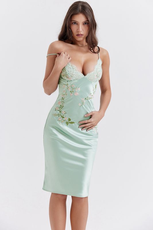 Vestido House Of Cb Jade Embroidered Slip Verde | TEP-769452