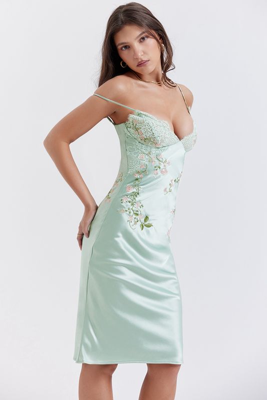 Vestido House Of Cb Jade Embroidered Slip Verde | TEP-769452