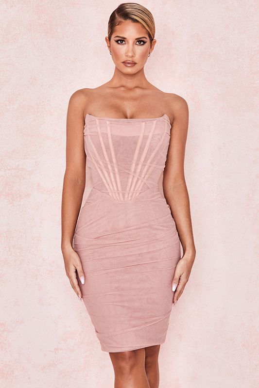 Vestido House Of Cb Mesh Strapless Rosas | RJB-890617