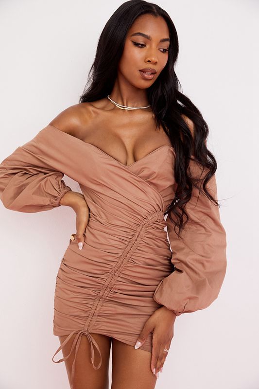 Vestido House Of Cb Off Shoulder Mini Beige | CKE-503216