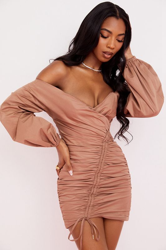 Vestido House Of Cb Off Shoulder Mini Beige | CKE-503216