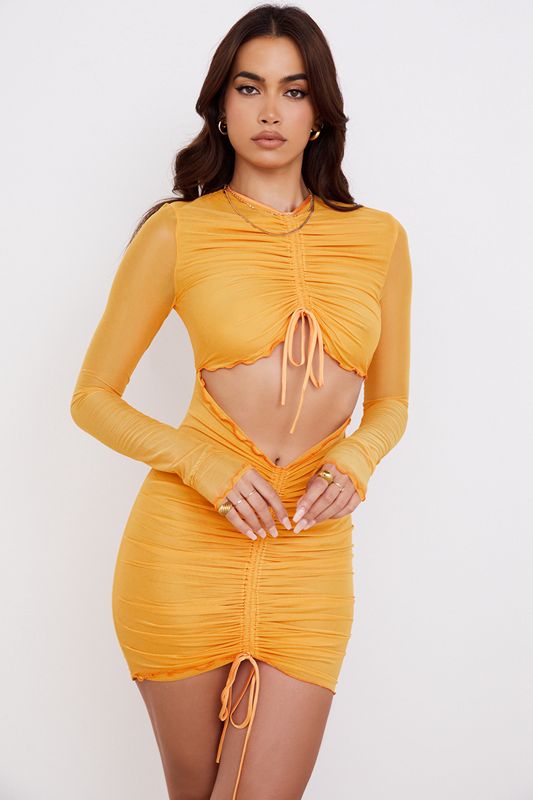 Vestido House Of Cb Ruched Mesh Long Sleeve Cutout Mini Naranjas | ZVG-038526