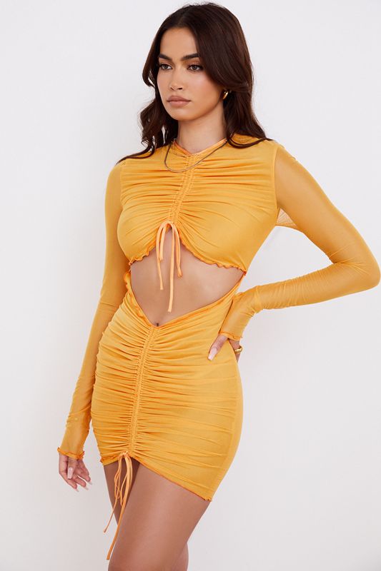 Vestido House Of Cb Ruched Mesh Long Sleeve Cutout Mini Naranjas | ZVG-038526