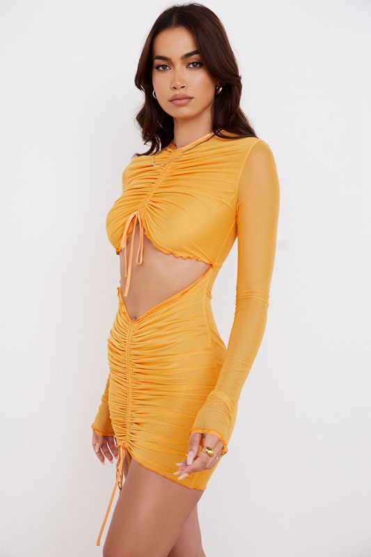 Vestido House Of Cb Ruched Mesh Long Sleeve Cutout Mini Naranjas | ZVG-038526