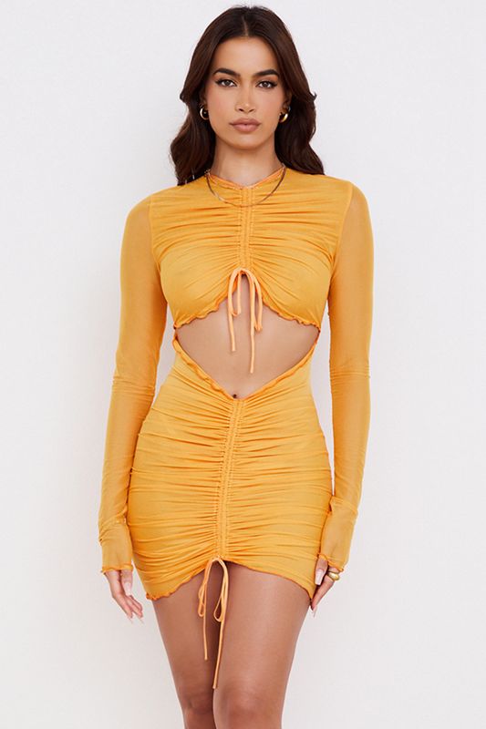 Vestido House Of Cb Ruched Mesh Long Sleeve Cutout Mini Naranjas | ZVG-038526