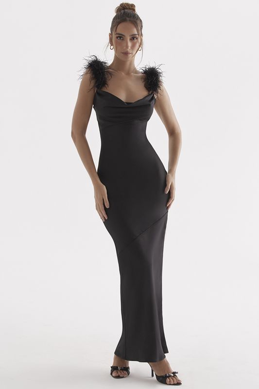 Vestido House Of Cb Satin Maxi Negras | JSF-920645