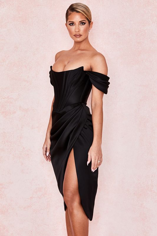 Vestido House Of Cb Satin Off Shoulder Negras | SUB-342789