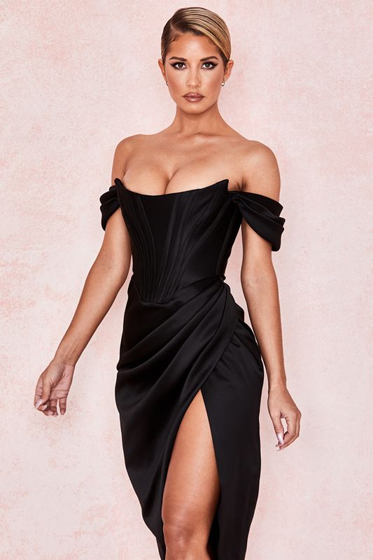 Vestido House Of Cb Satin Off Shoulder Negras | SUB-342789