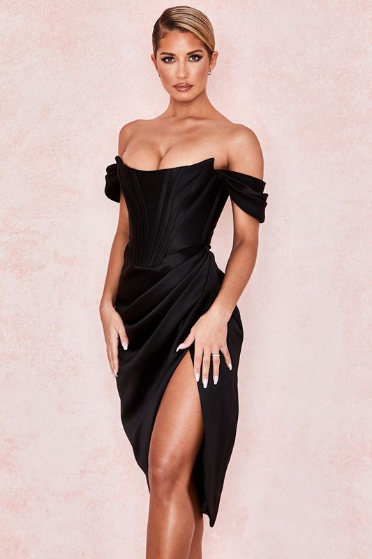 Vestido House Of Cb Satin Off Shoulder Negras | SUB-342789