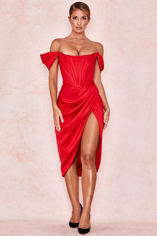 Vestido House Of Cb Satin Off Shoulder Rojas | MGW-294516