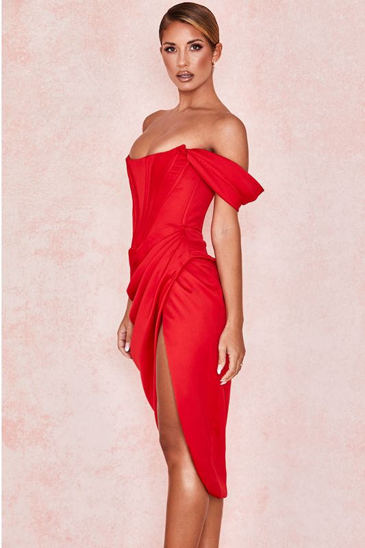 Vestido House Of Cb Satin Off Shoulder Rojas | MGW-294516