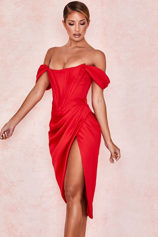 Vestido House Of Cb Satin Off Shoulder Rojas | MGW-294516