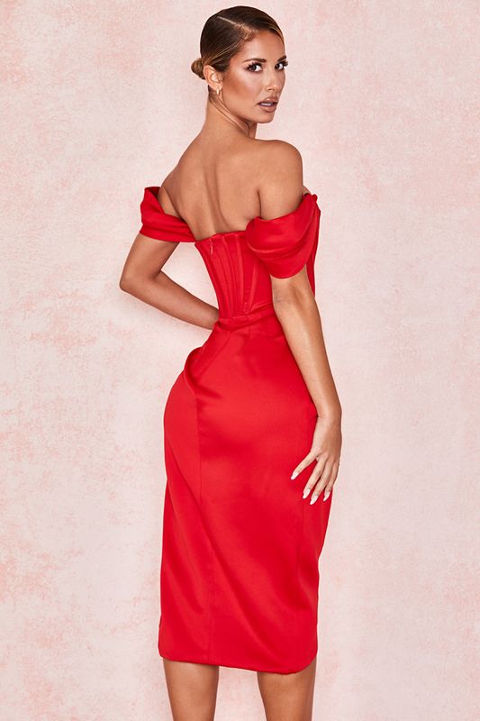 Vestido House Of Cb Satin Off Shoulder Rojas | MGW-294516