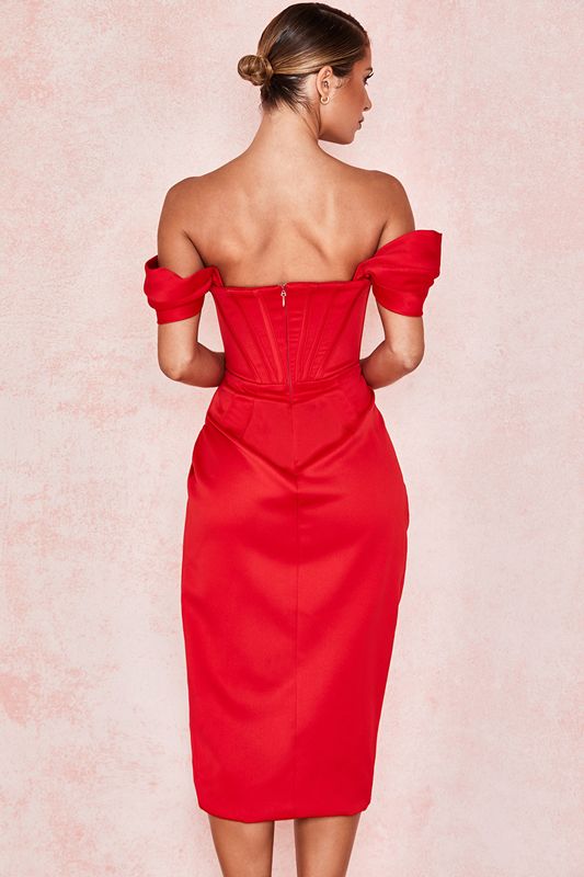 Vestido House Of Cb Satin Off Shoulder Rojas | MGW-294516