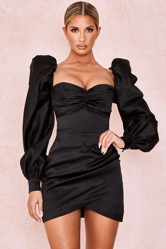 Vestido House Of Cb Satin Puff Sleeve Negras | RAQ-174628