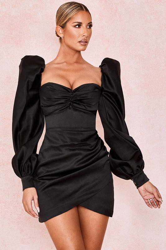 Vestido House Of Cb Satin Puff Sleeve Negras | RAQ-174628