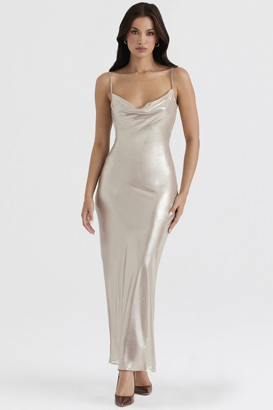 Vestido House Of Cb Shimmer Low Back Maxi Creme | EHT-908675