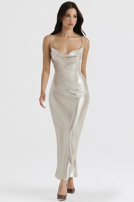 Vestido House Of Cb Shimmer Low Back Maxi Creme | EHT-908675