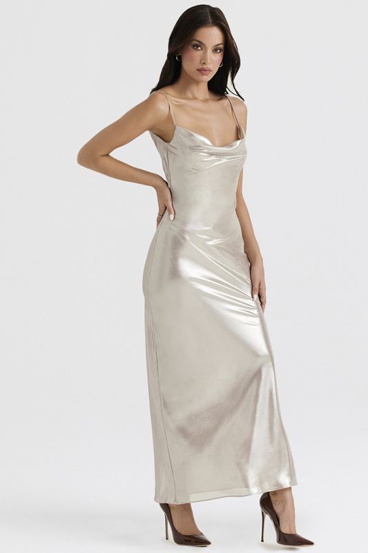 Vestido House Of Cb Shimmer Low Back Maxi Creme | EHT-908675